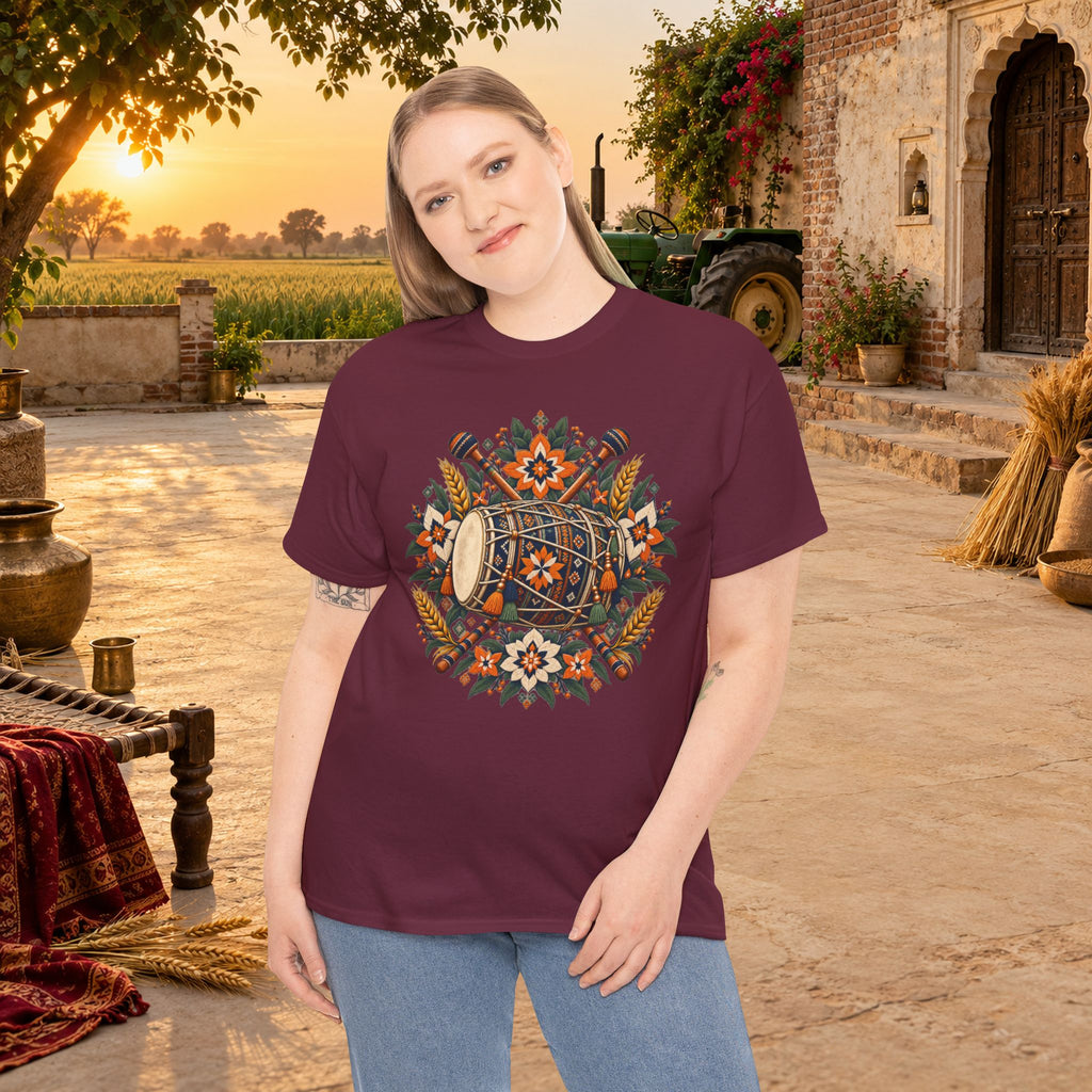 Vintage Folk Art Tractor & Drum Graphic T-Shirt