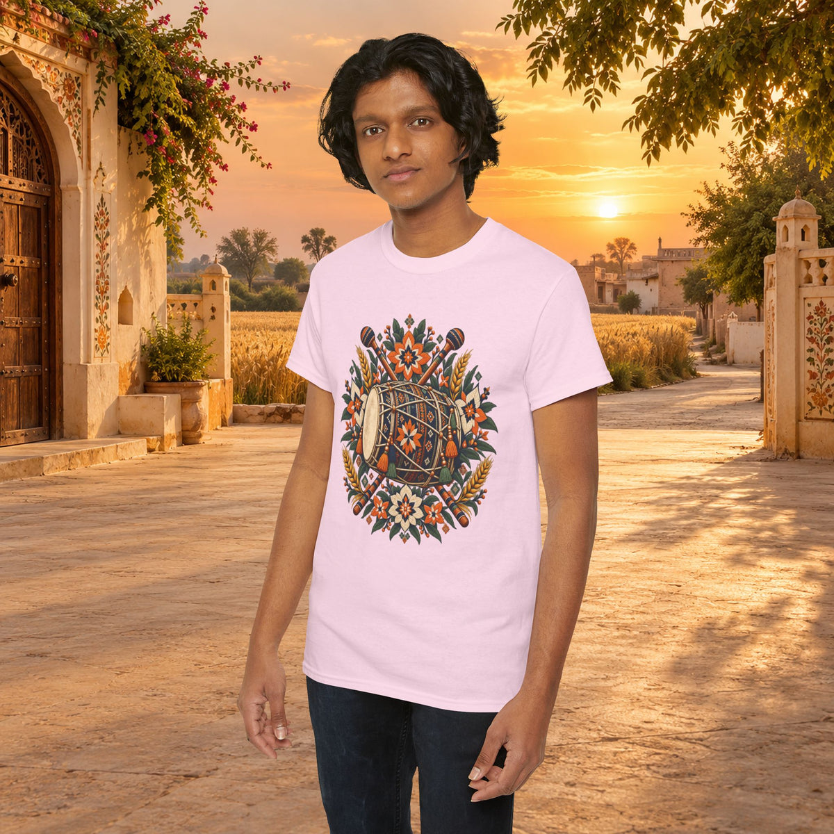 Vintage Folk Art Tractor & Drum Graphic T-Shirt
