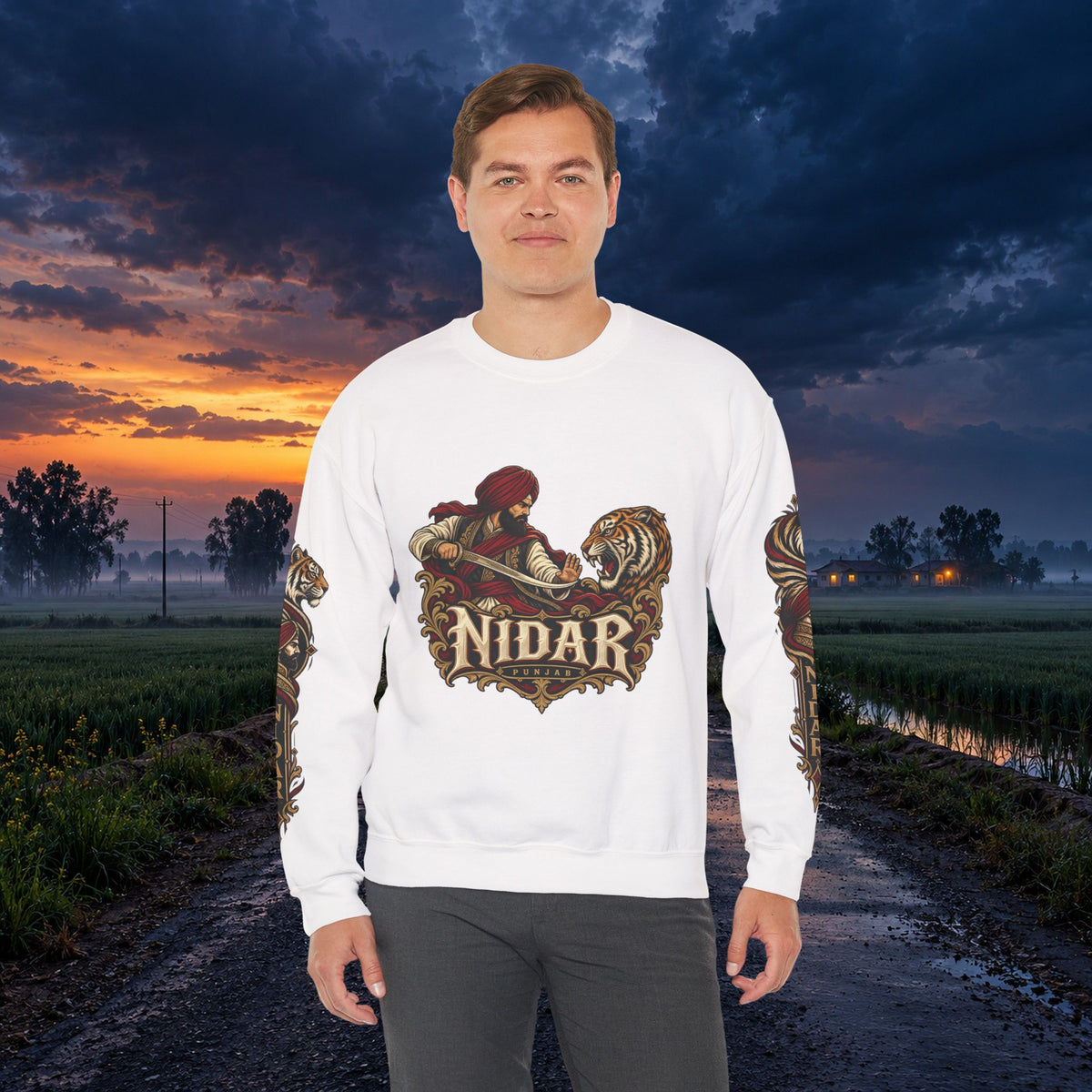 Nidar Courage Does Not Bow Warrior Tiger Crewneck Sweatshirt