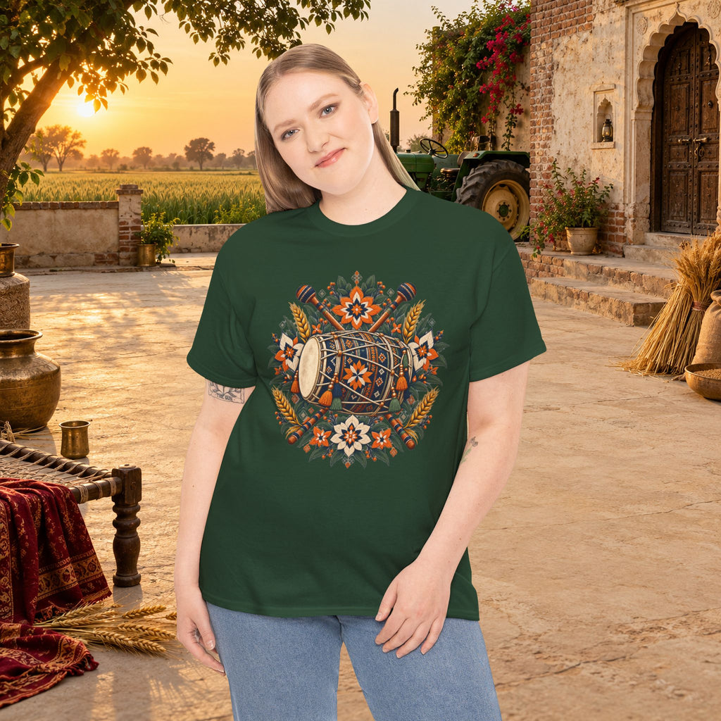 Vintage Folk Art Tractor & Drum Graphic T-Shirt