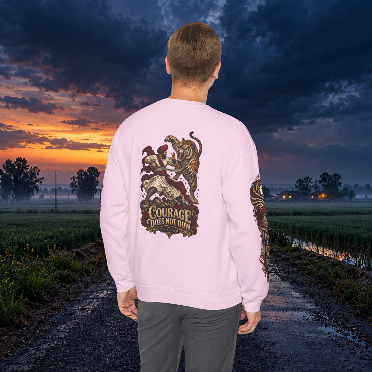 Nidar Courage Does Not Bow Warrior Tiger Crewneck Sweatshirt