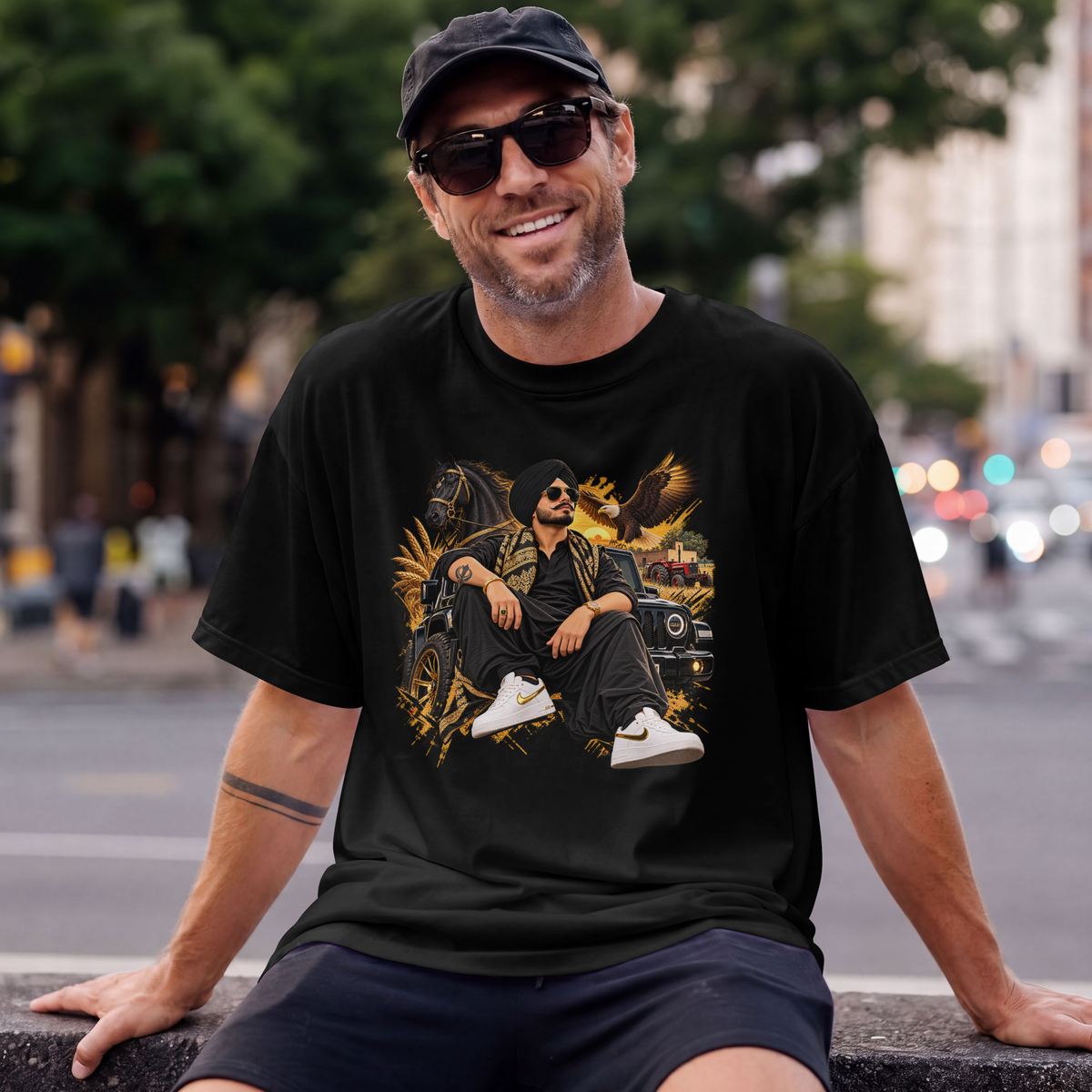 Western Rider Graphic T-Shirt | Horse, Eagle & Vintage Car
