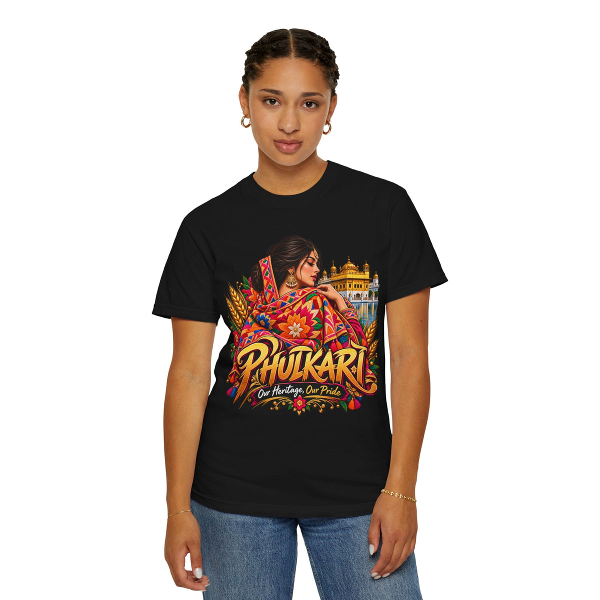 Phulkari Pride garment-dyed graphic T-shirt with floral details, golden grain and the “Our Heritage, Our Pride” message.