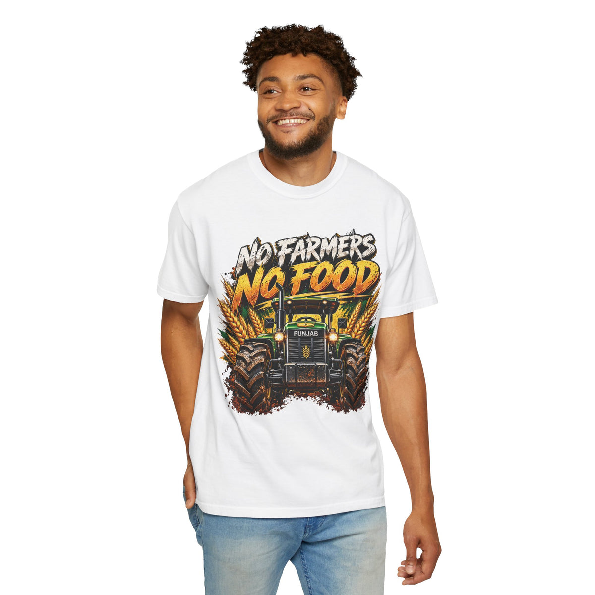 Garment-dyed tractor T-shirt with “No Farmers No Food” wording and a vintage farm-life graphic.