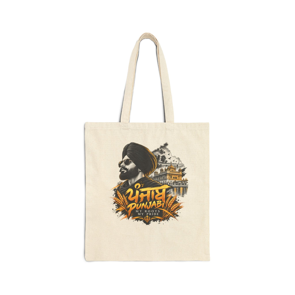 Additional view of Punjabi Heritage Tote Bag – Punjabi Script & Golden Temple Cotton Canvas Tote (2)