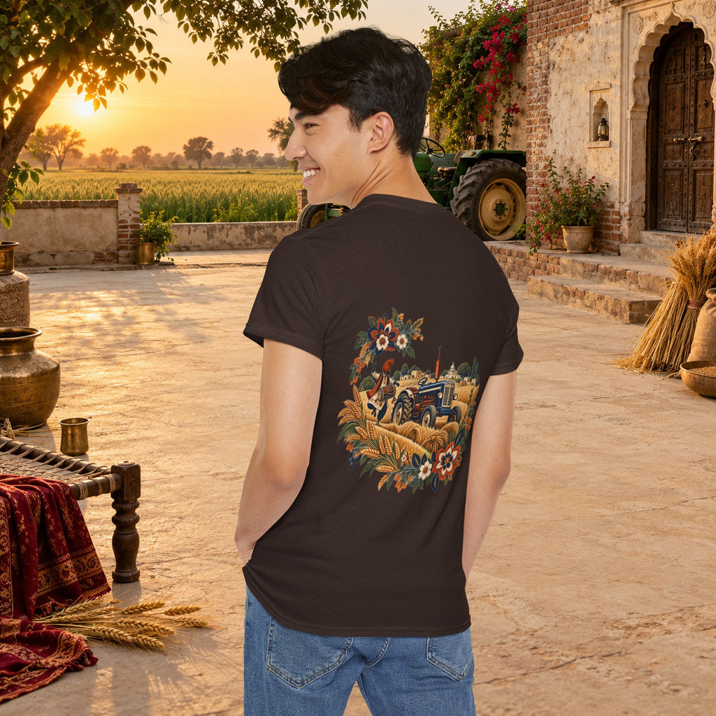 Vintage Folk Art Tractor & Drum Graphic T-Shirt