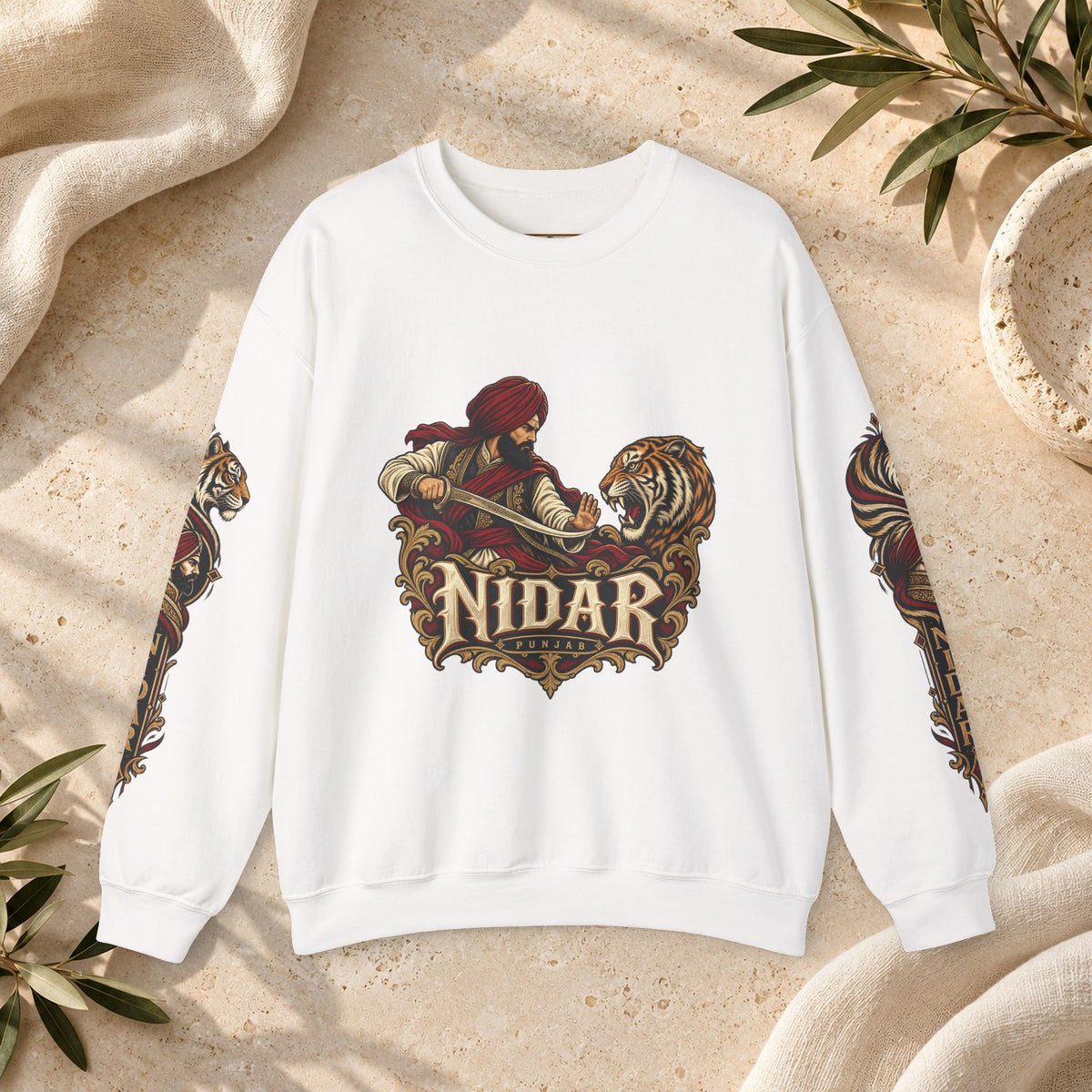 Nidar Courage Does Not Bow Warrior Tiger Crewneck Sweatshirt