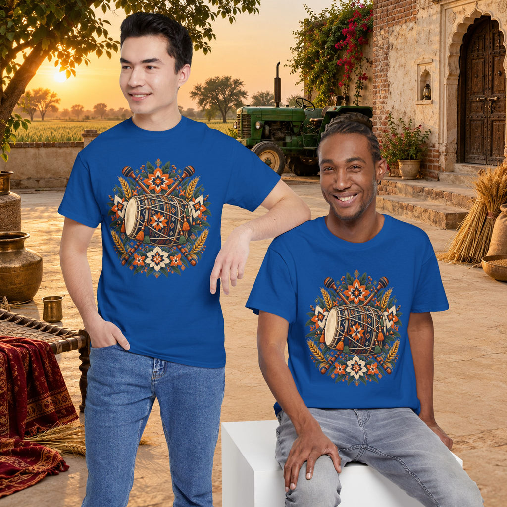 Vintage Folk Art Tractor & Drum Graphic T-Shirt