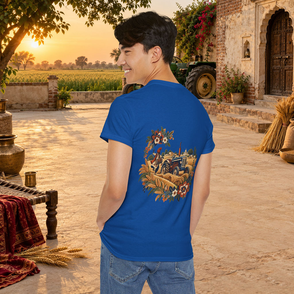 Vintage Folk Art Tractor & Drum Graphic T-Shirt