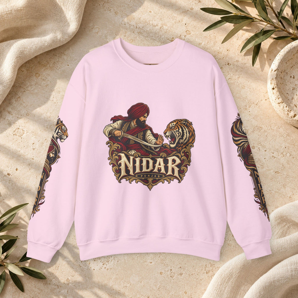 Nidar Courage Does Not Bow Warrior Tiger Crewneck Sweatshirt