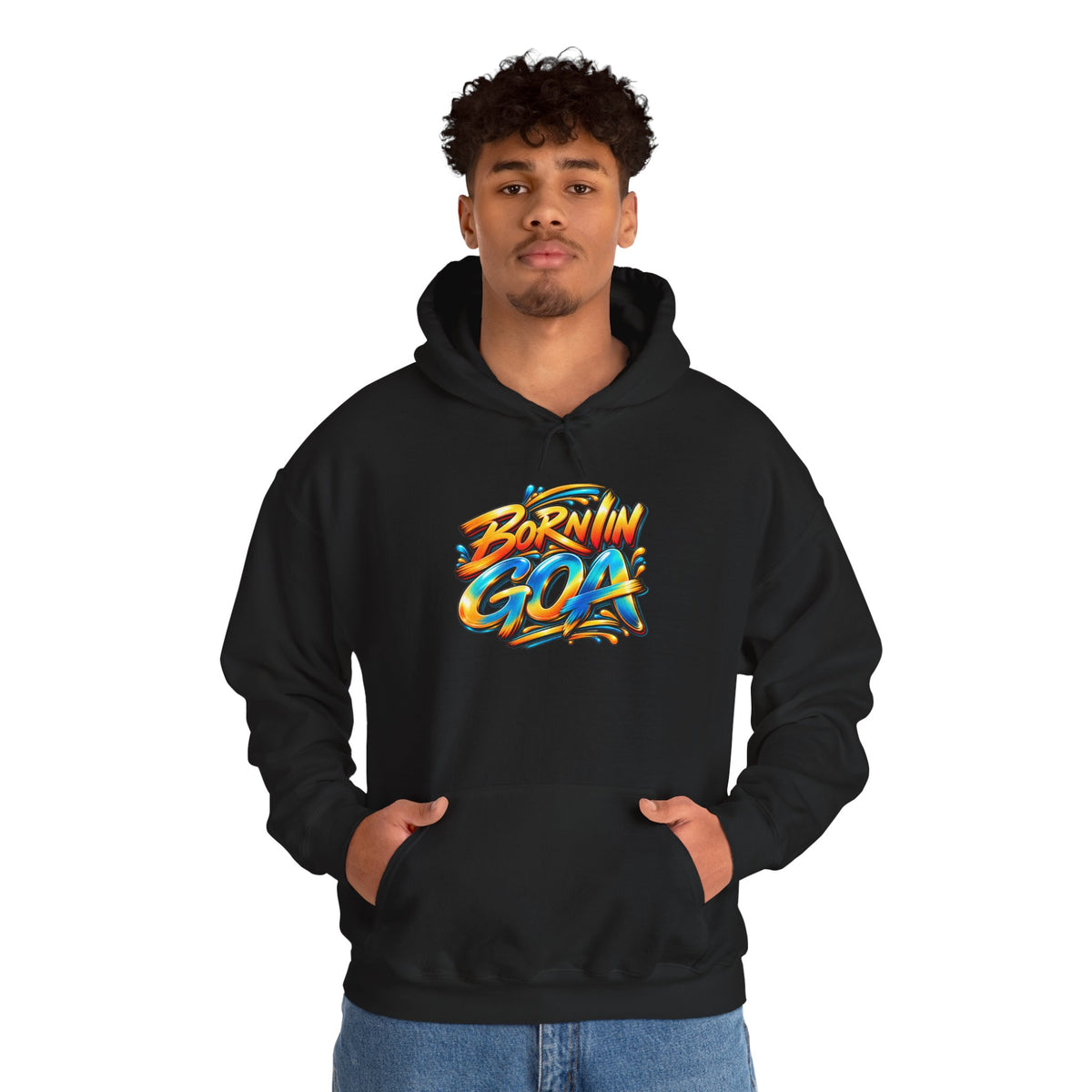 Born in Goa hoodie with a colourful hand-lettered street-art graphic.