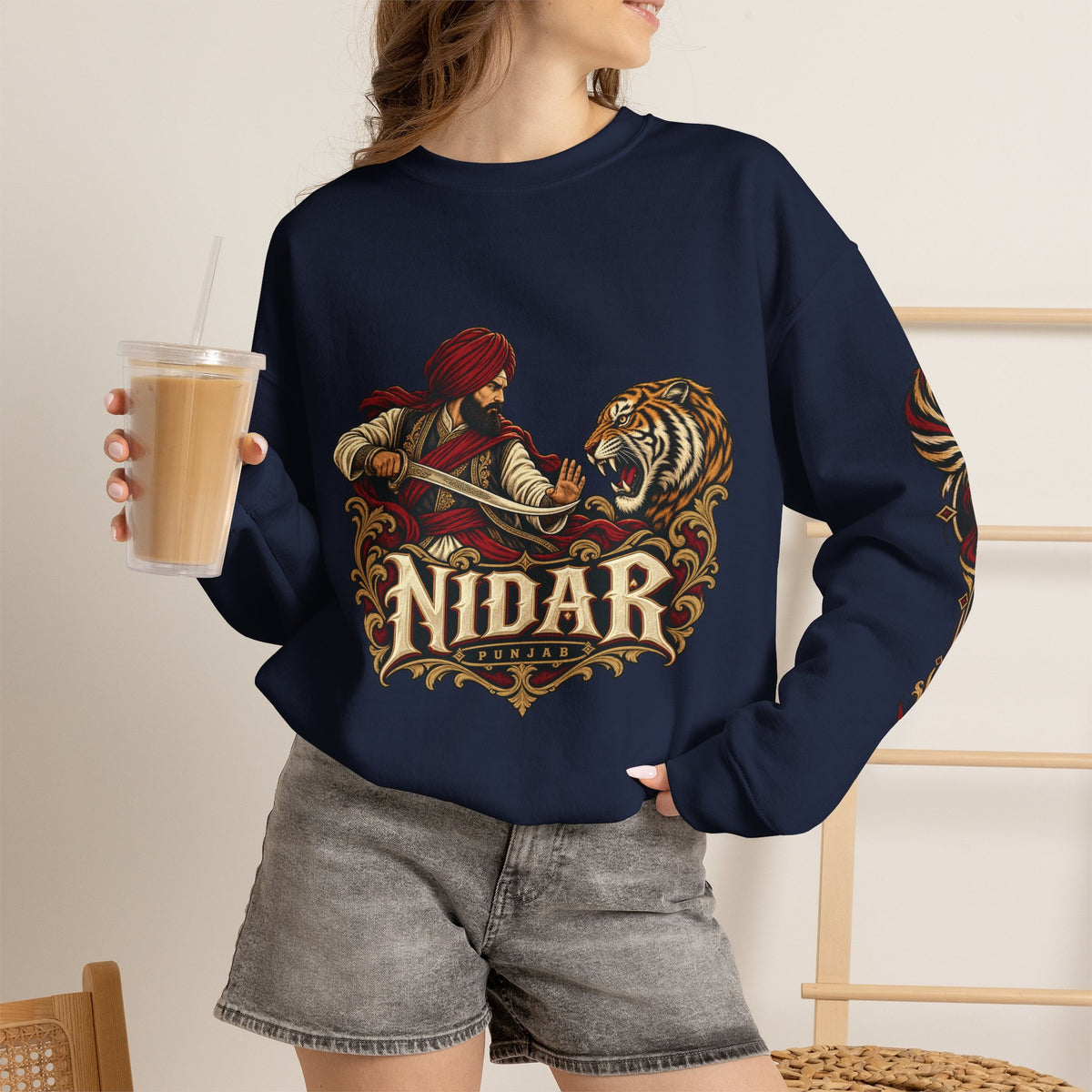 Nidar Courage Does Not Bow Warrior Tiger Crewneck Sweatshirt