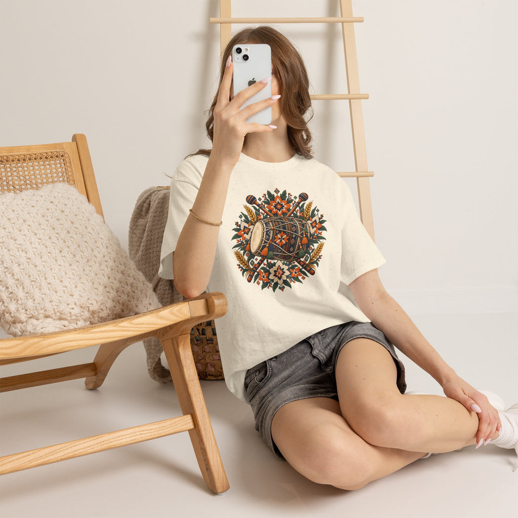 Vintage Folk Art Tractor & Drum Graphic T-Shirt