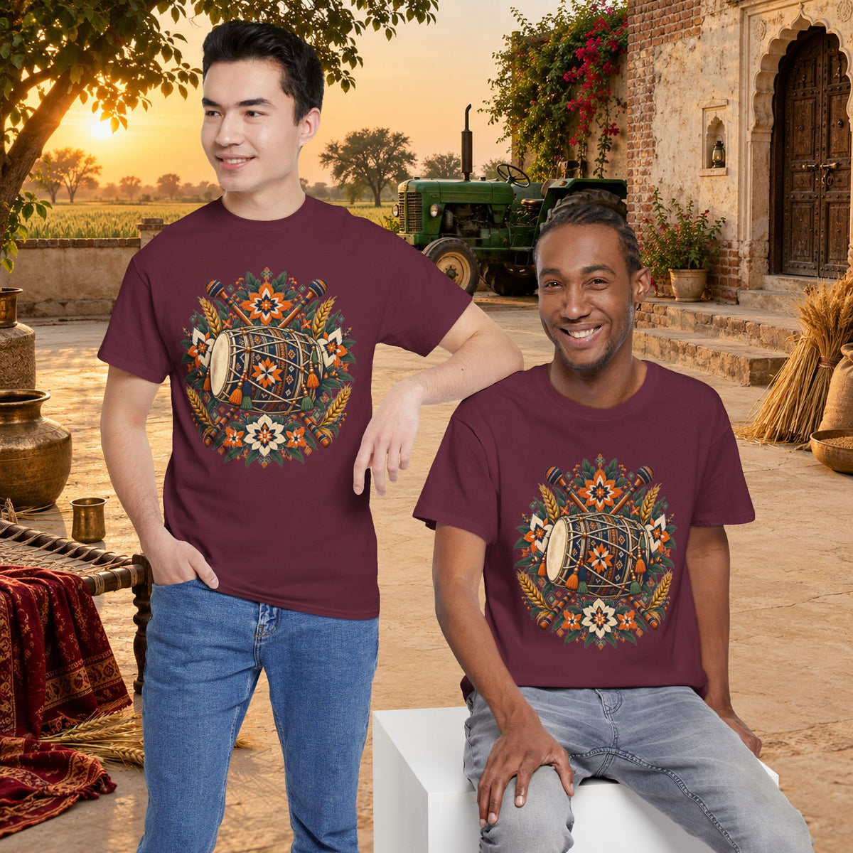 Vintage Folk Art Tractor & Drum Graphic T-Shirt