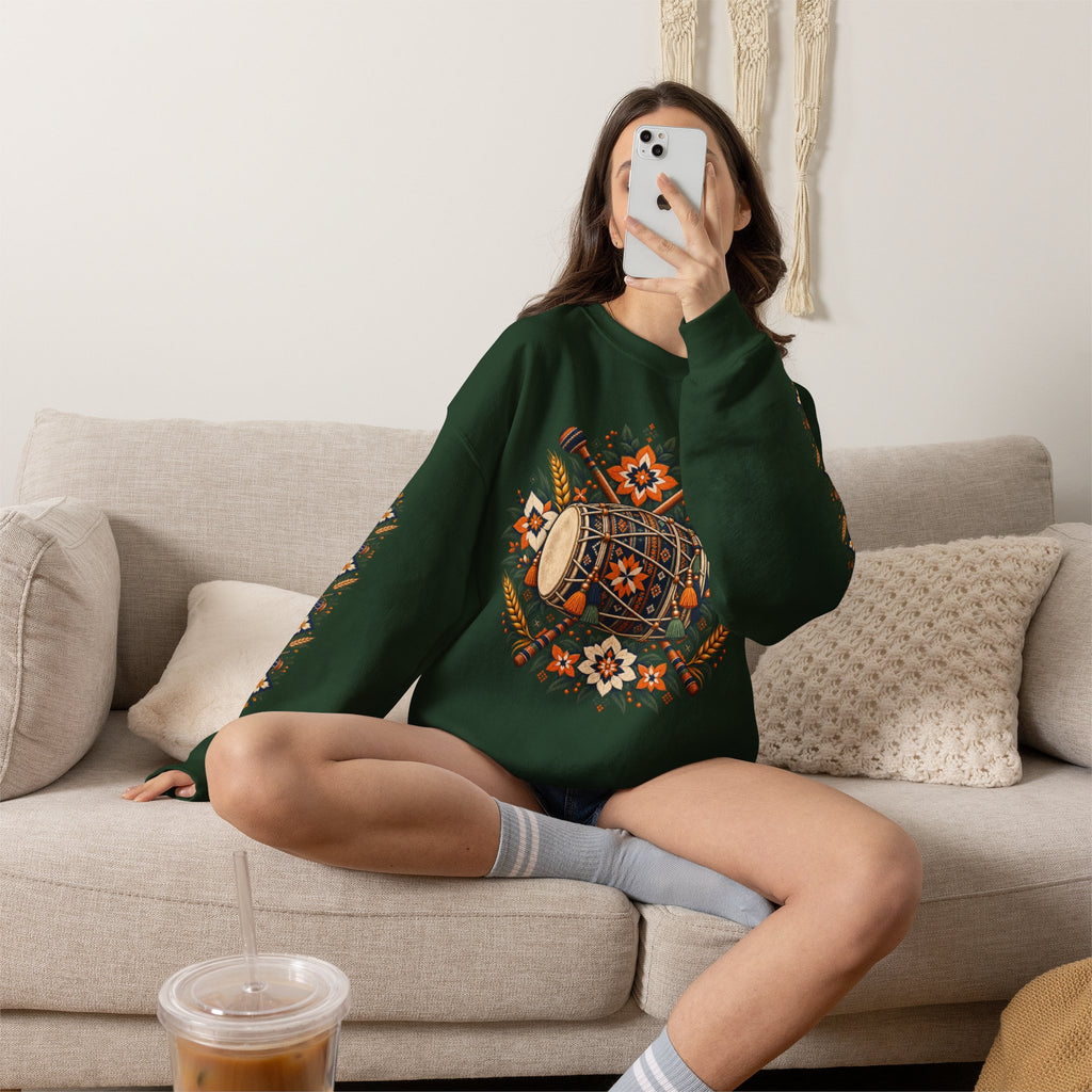 Boho Folk Drum Sweatshirt – Tribal Music Festival Crewneck
