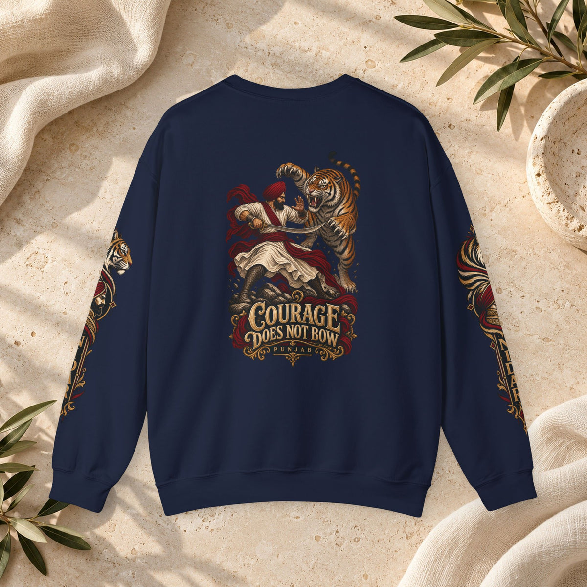 Nidar Courage Does Not Bow Warrior Tiger Crewneck Sweatshirt