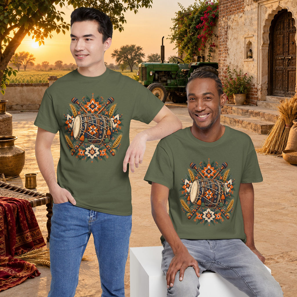 Vintage Folk Art Tractor & Drum Graphic T-Shirt