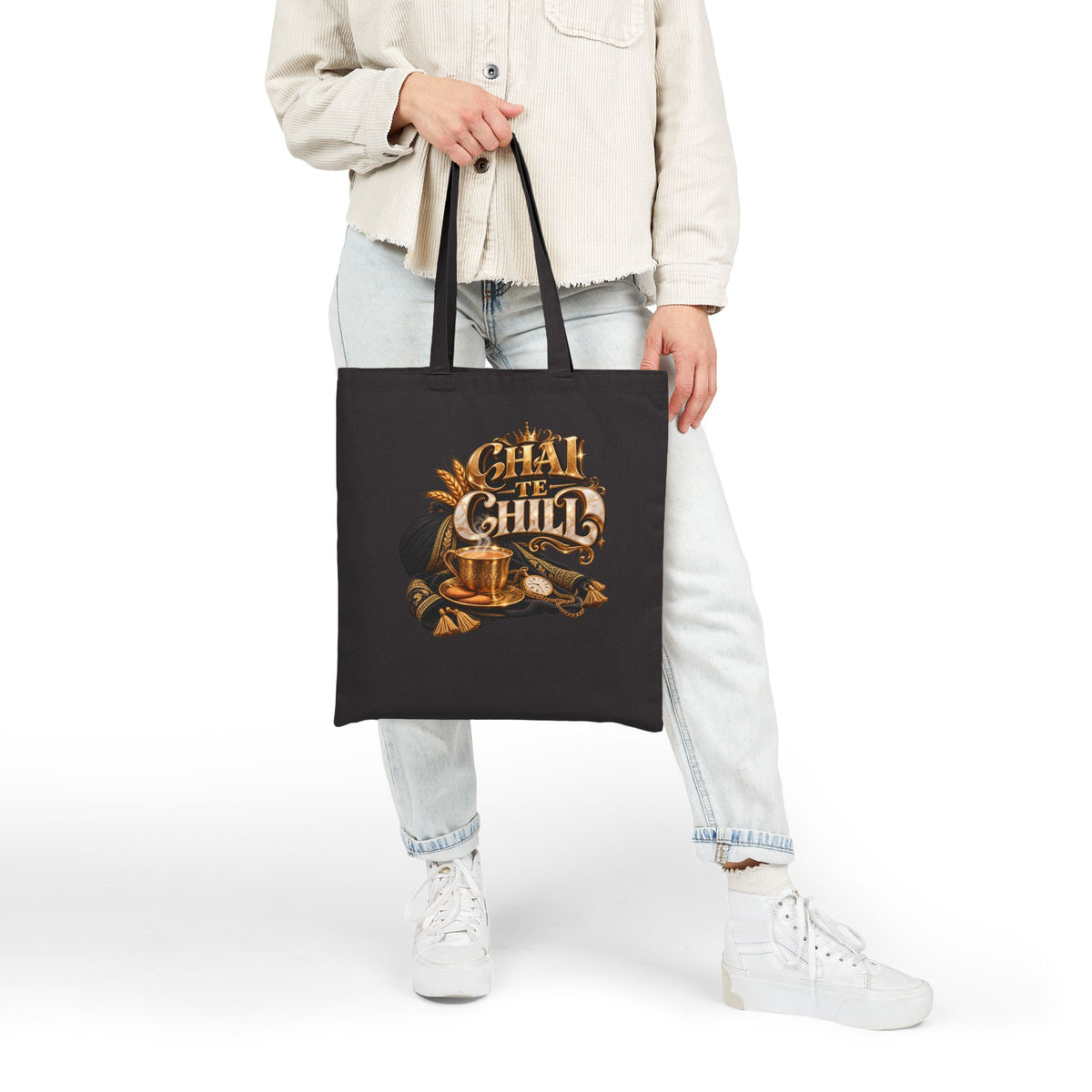 Tea & Chill Cotton Tote Bag — Vintage Tea Time Illustration