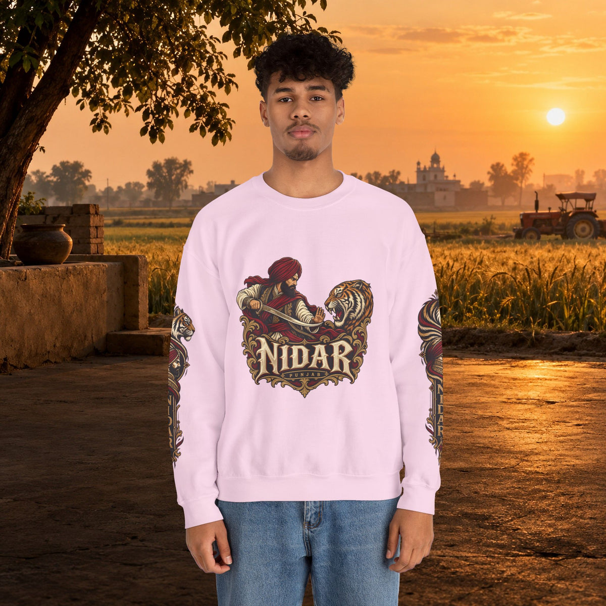 Nidar Courage Does Not Bow Warrior Tiger Crewneck Sweatshirt