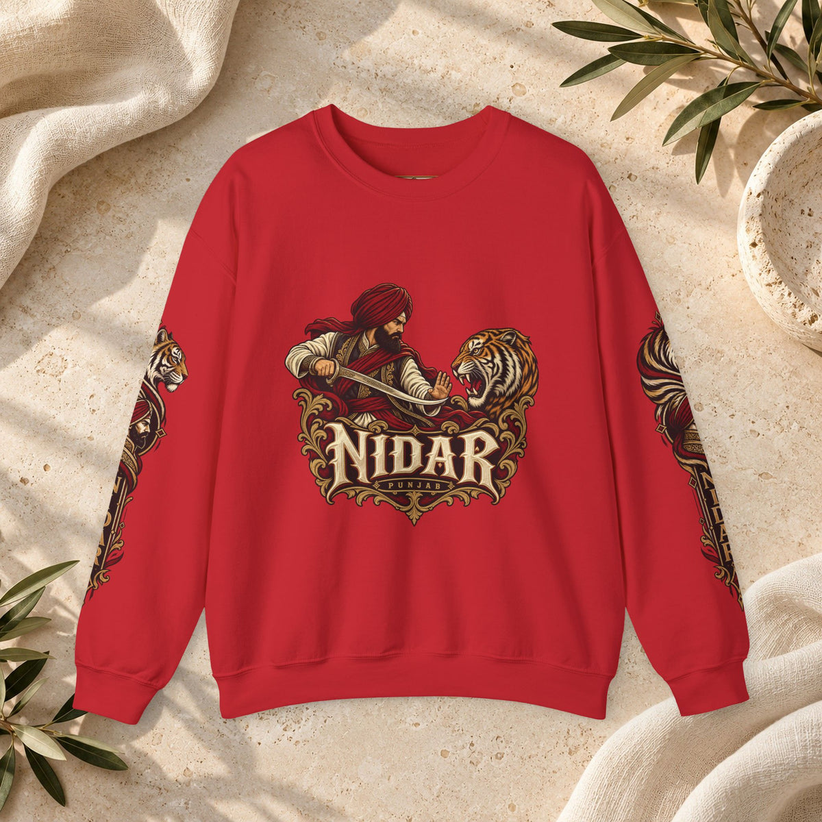 Nidar Courage Does Not Bow Warrior Tiger Crewneck Sweatshirt