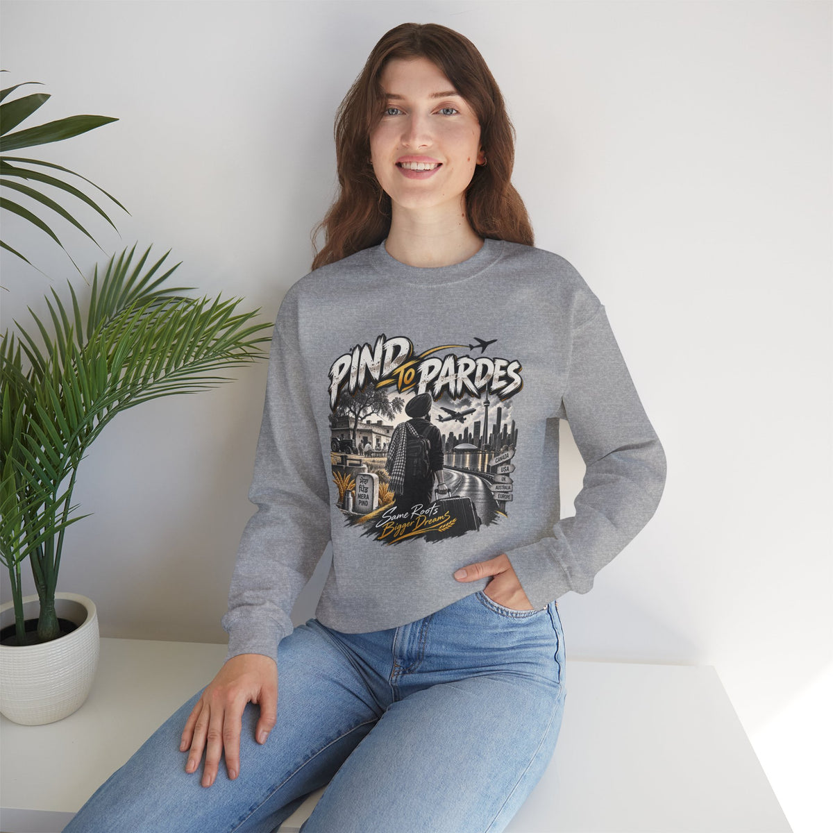 Pind to Pardes Punjabi Diaspora Crewneck Sweatshirt | Travel Art