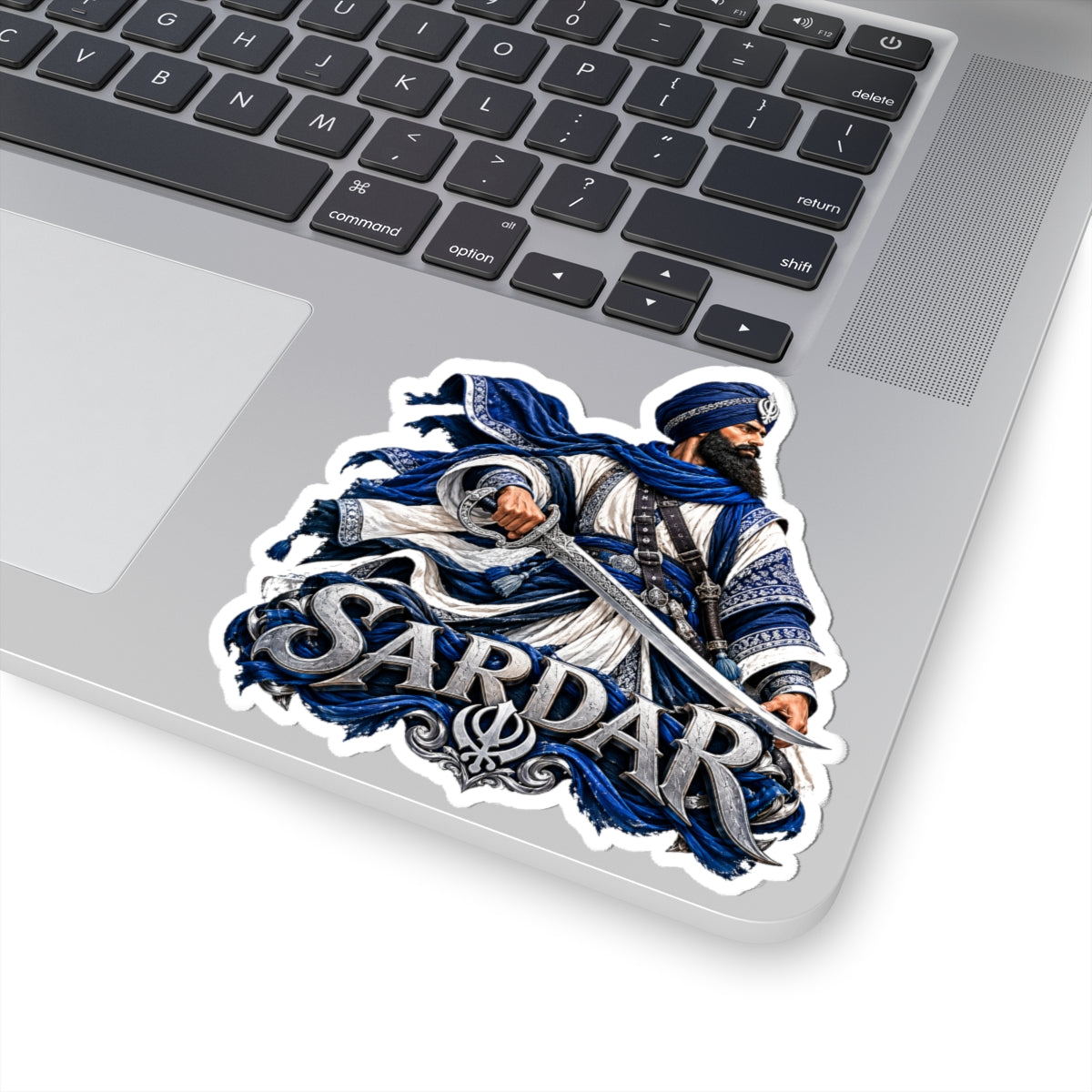 Sardar warrior sticker showing a turbaned Sikh soldier with a talwar in indigo and ivory