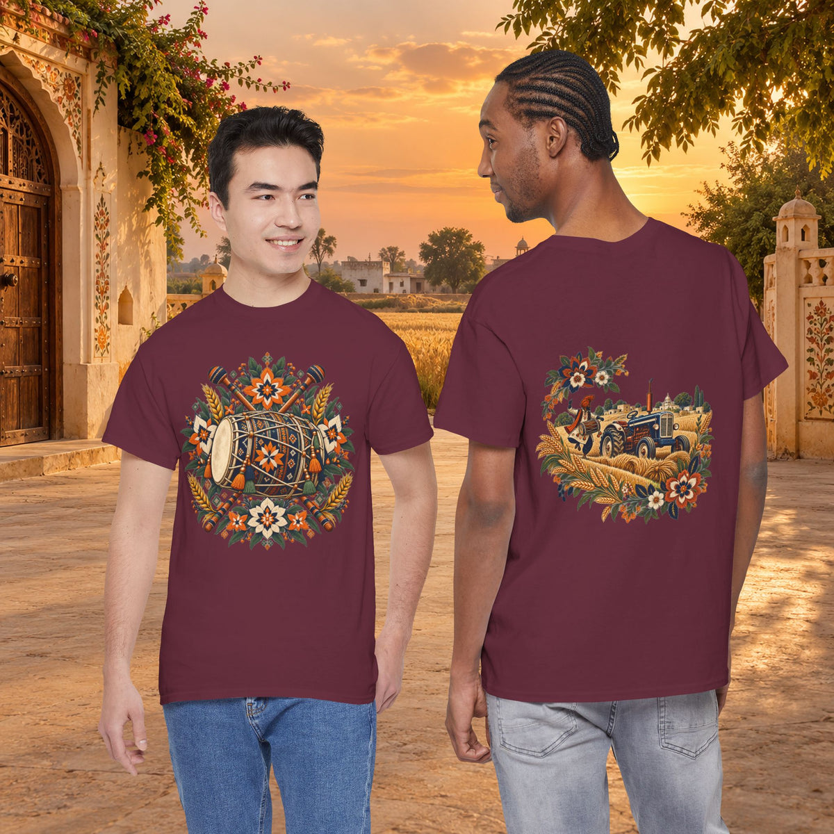 Vintage Folk Art Tractor & Drum Graphic T-Shirt