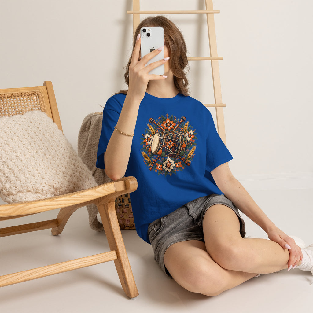 Vintage Folk Art Tractor & Drum Graphic T-Shirt