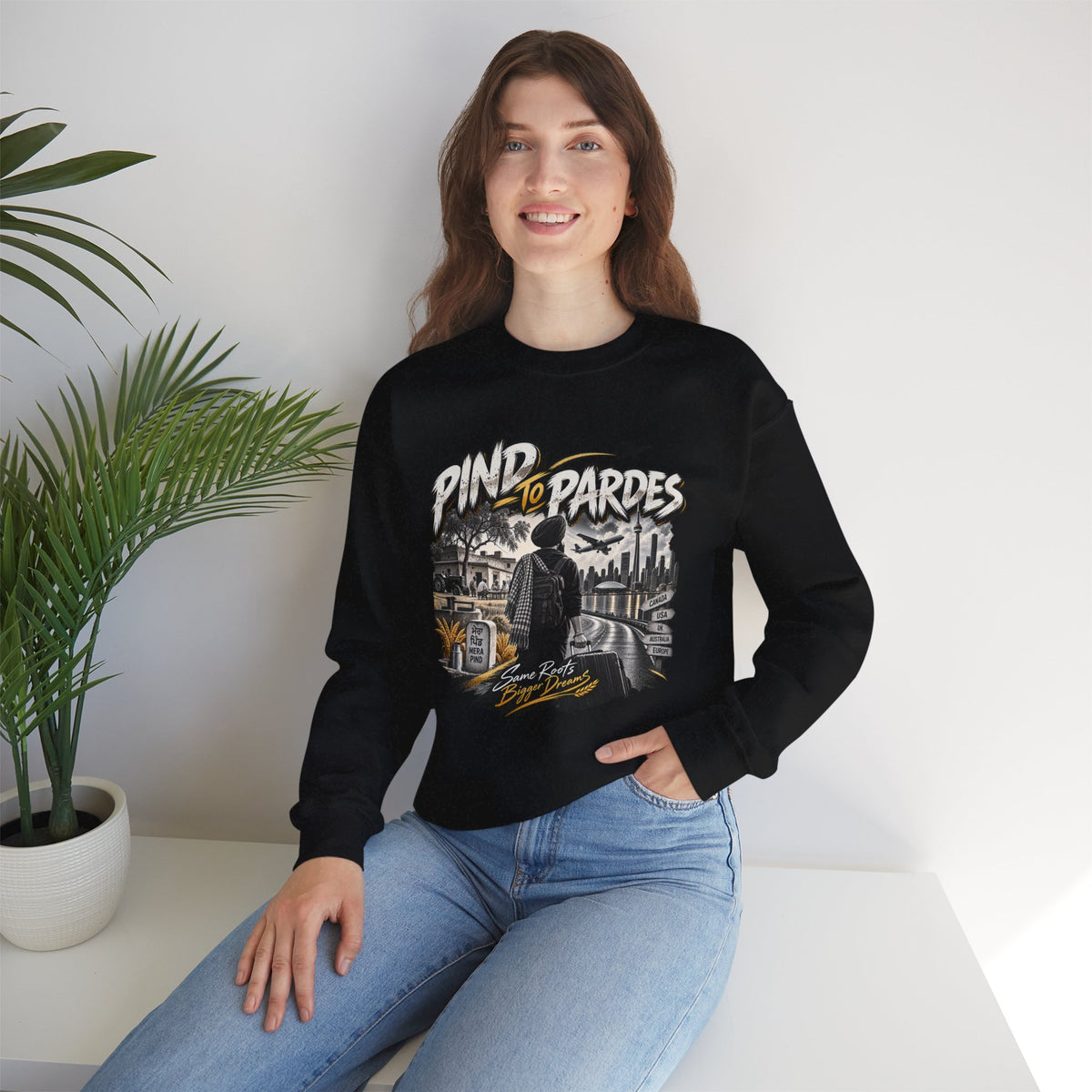 Pind to Pardes Punjabi Diaspora Crewneck Sweatshirt | Travel Art