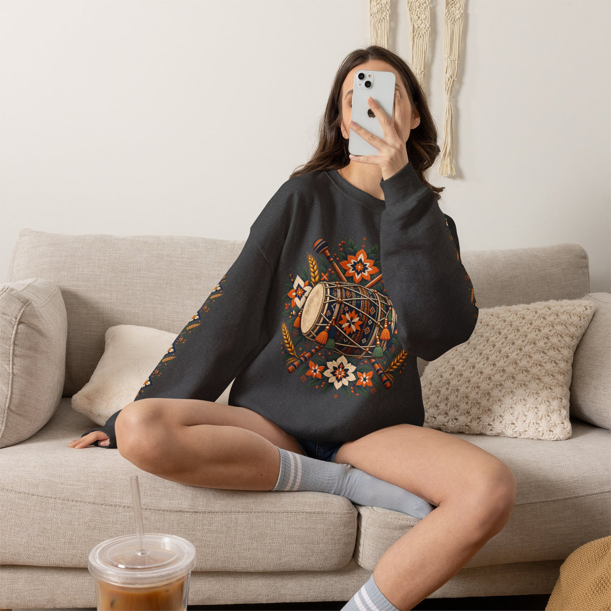Boho Folk Drum Sweatshirt – Tribal Music Festival Crewneck