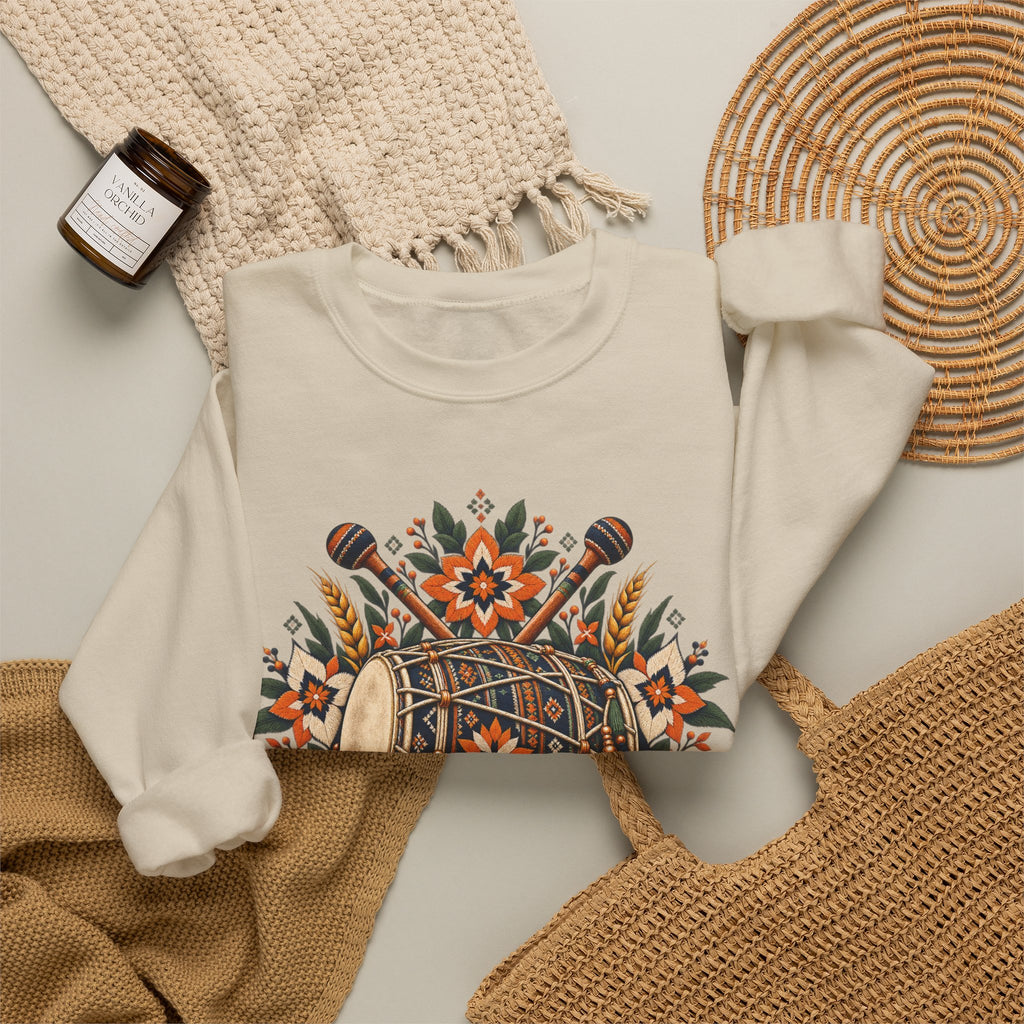Boho Folk Drum Sweatshirt – Tribal Music Festival Crewneck