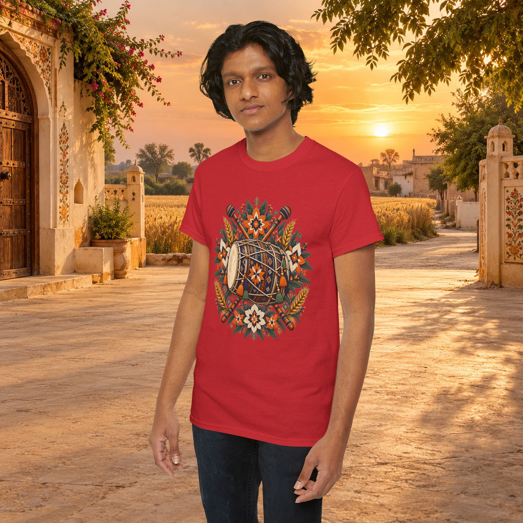 Vintage Folk Art Tractor & Drum Graphic T-Shirt