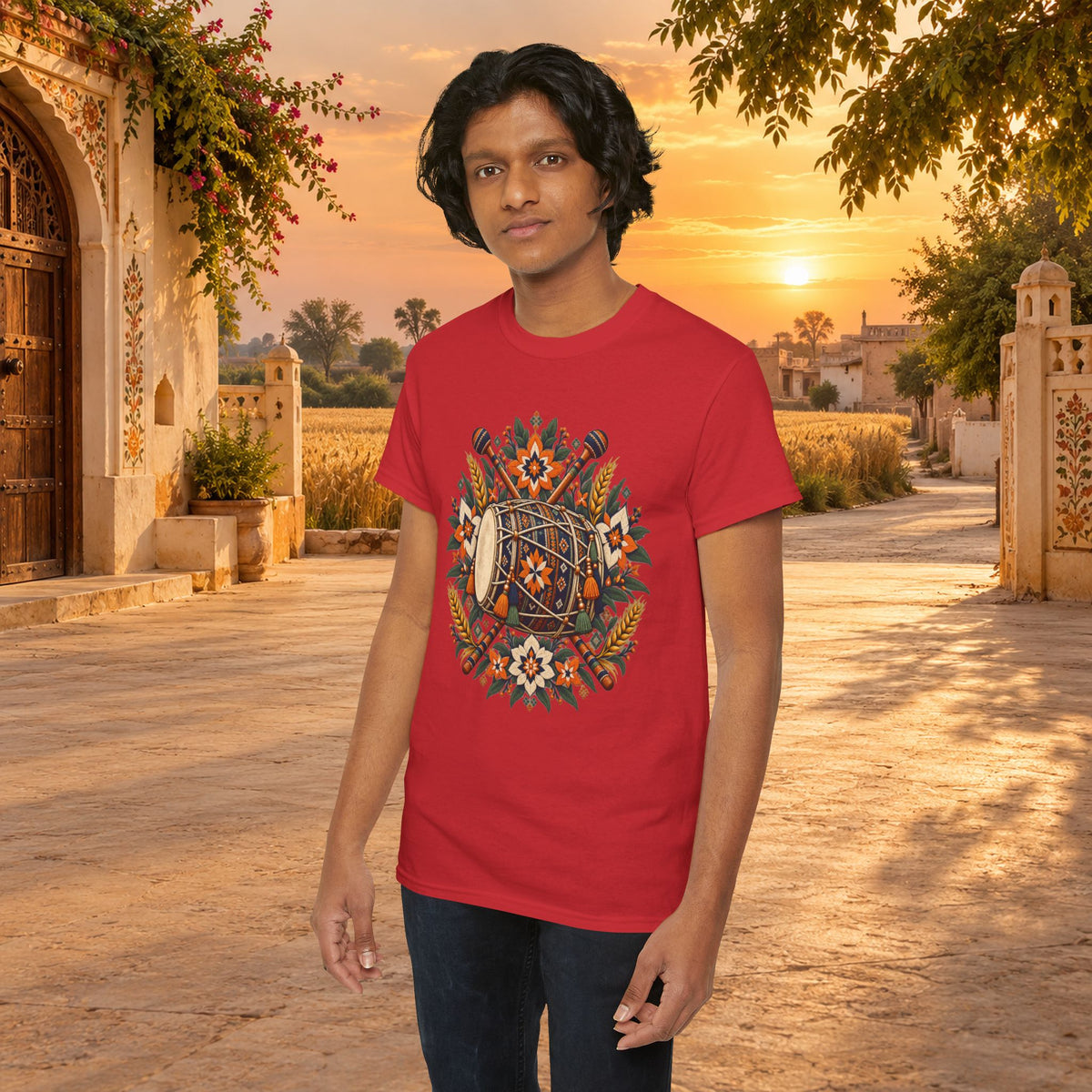 Vintage Folk Art Tractor & Drum Graphic T-Shirt