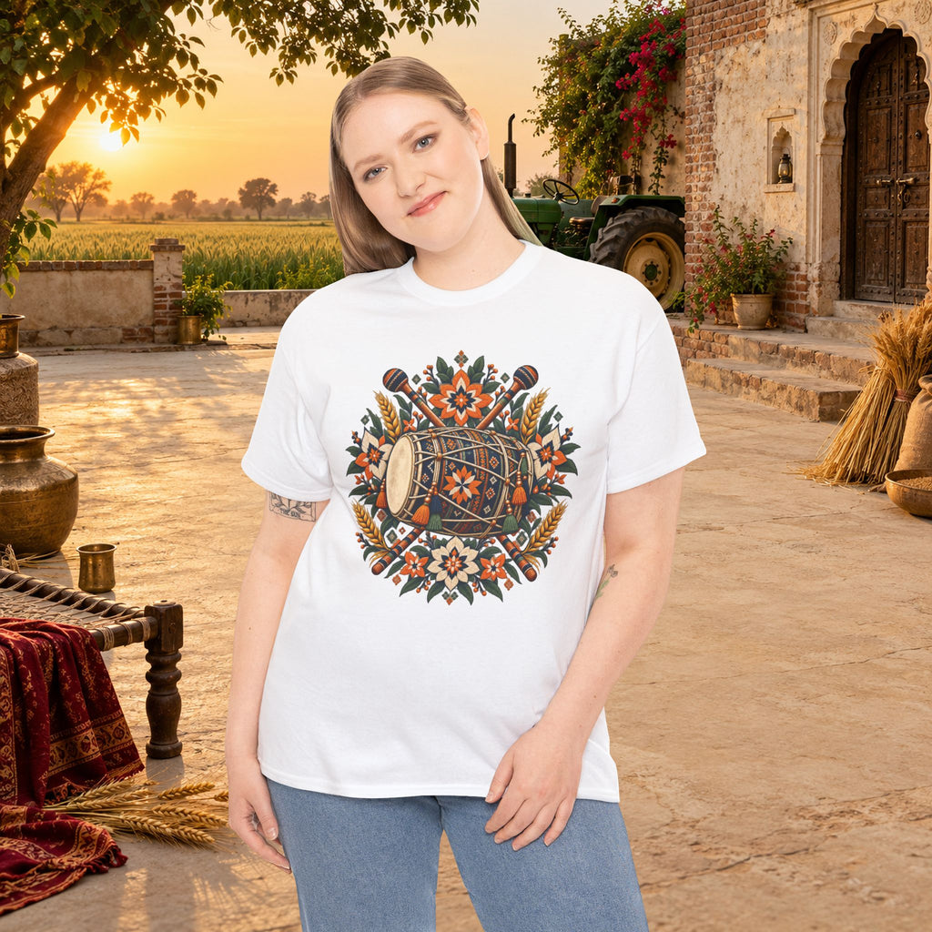 Vintage Folk Art Tractor & Drum Graphic T-Shirt