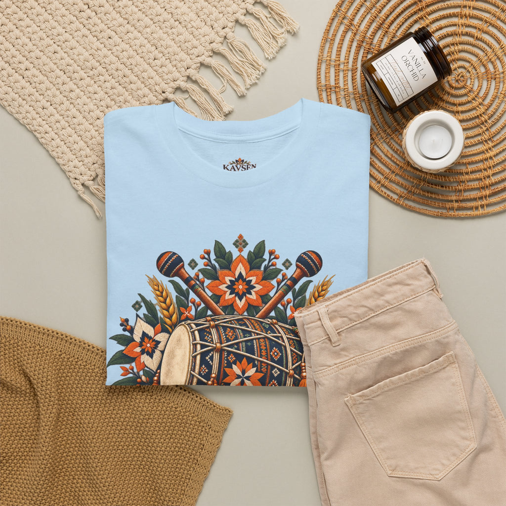 Vintage Folk Art Tractor & Drum Graphic T-Shirt
