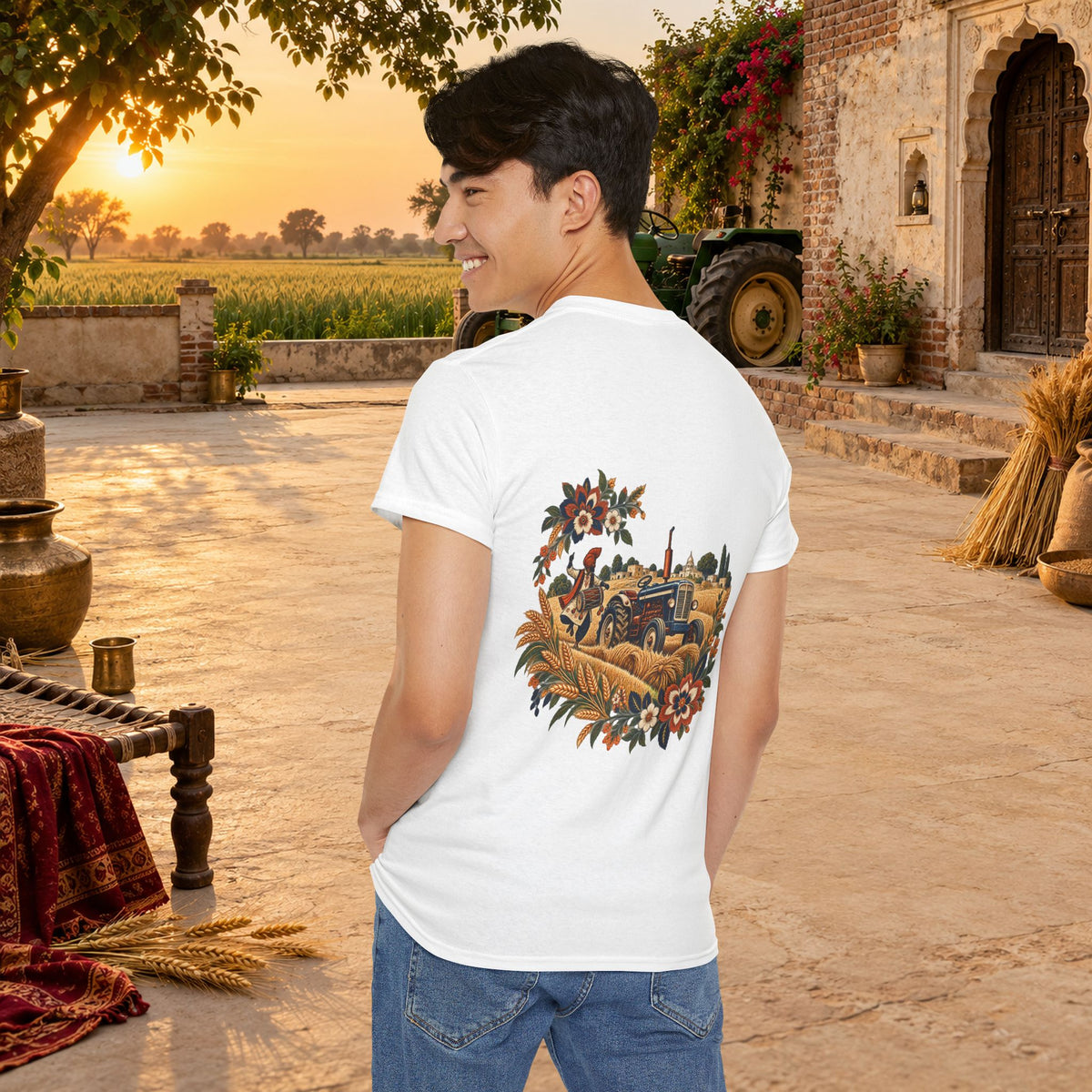 Vintage Folk Art Tractor & Drum Graphic T-Shirt