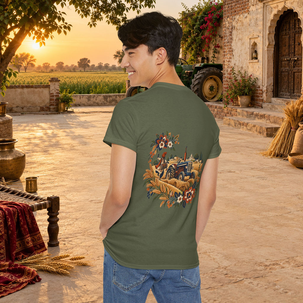 Vintage Folk Art Tractor & Drum Graphic T-Shirt