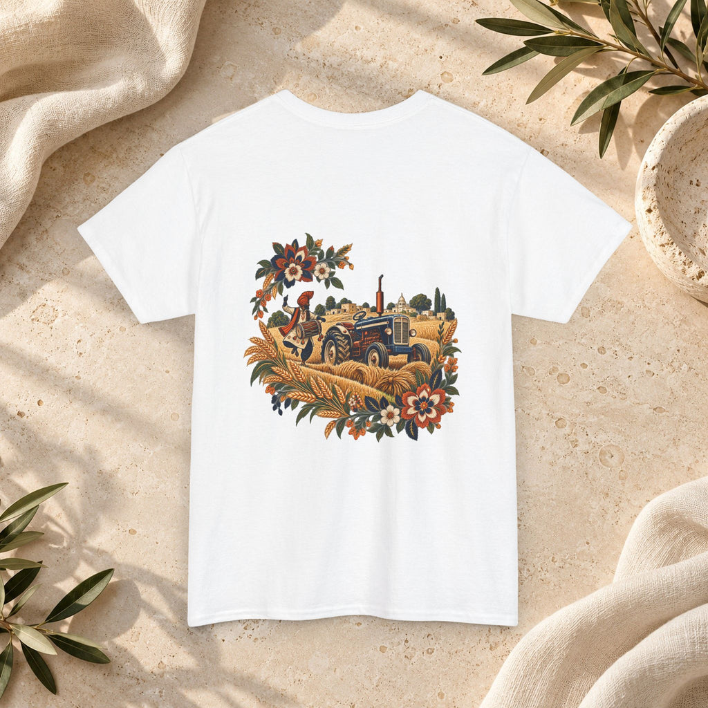 Vintage Folk Art Tractor & Drum Graphic T-Shirt