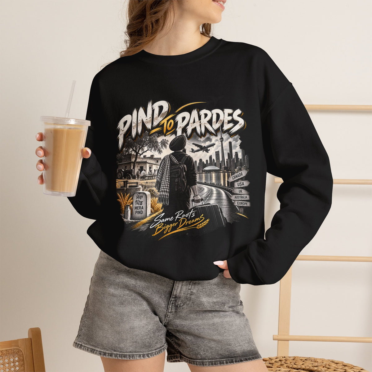 Pind to Pardes Punjabi Diaspora Crewneck Sweatshirt | Travel Art