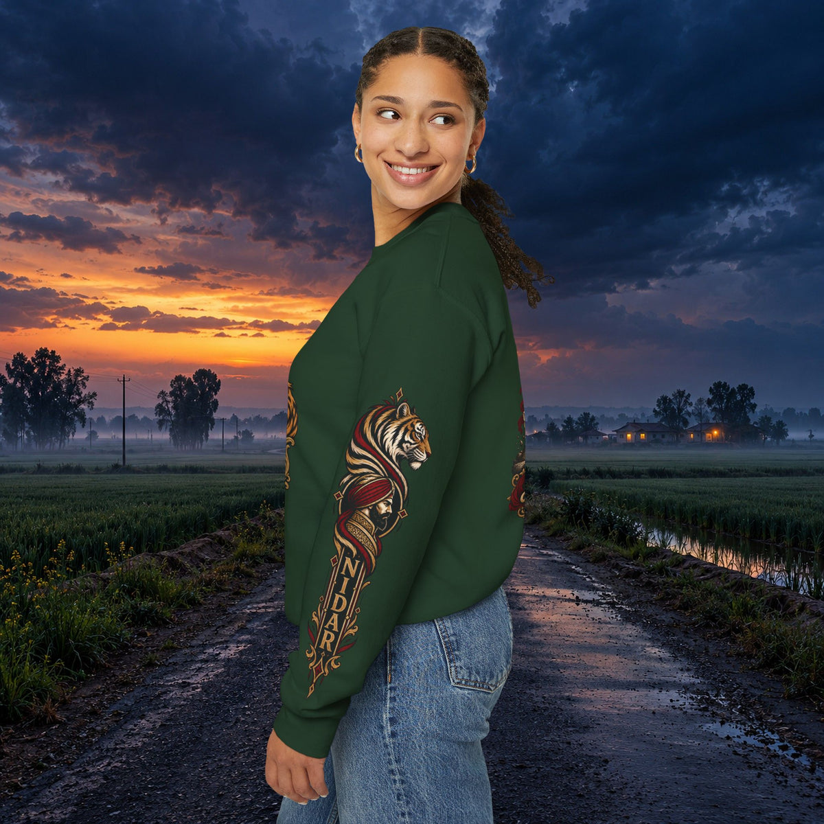 Nidar Courage Does Not Bow Warrior Tiger Crewneck Sweatshirt