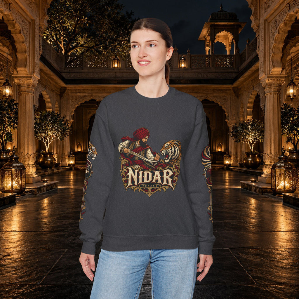 Nidar Courage Does Not Bow Warrior Tiger Crewneck Sweatshirt