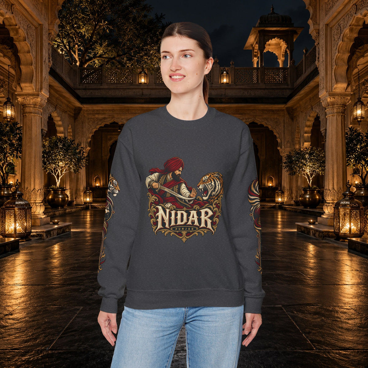 Nidar Courage Does Not Bow Warrior Tiger Crewneck Sweatshirt
