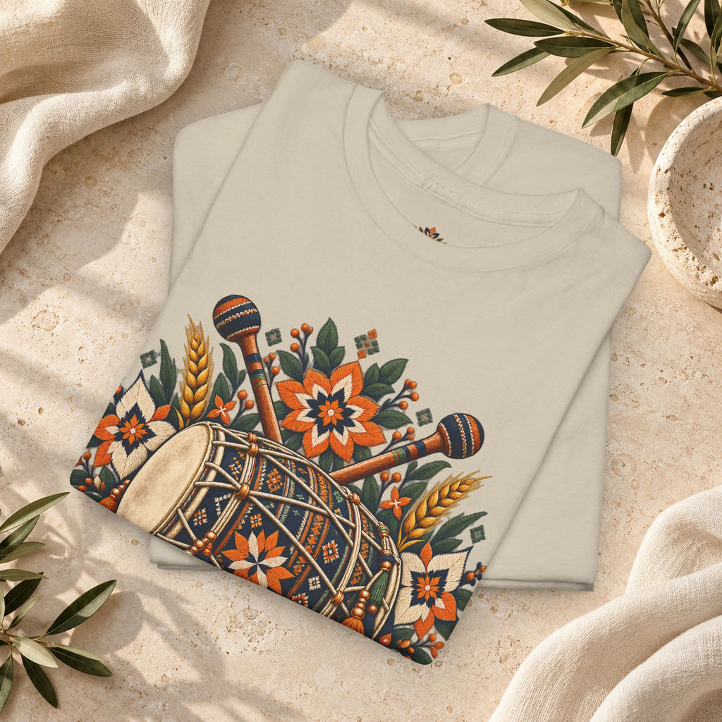 Vintage Folk Art Tractor & Drum Graphic T-Shirt