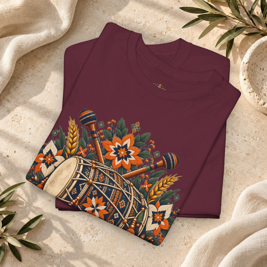 Vintage Folk Art Tractor & Drum Graphic T-Shirt