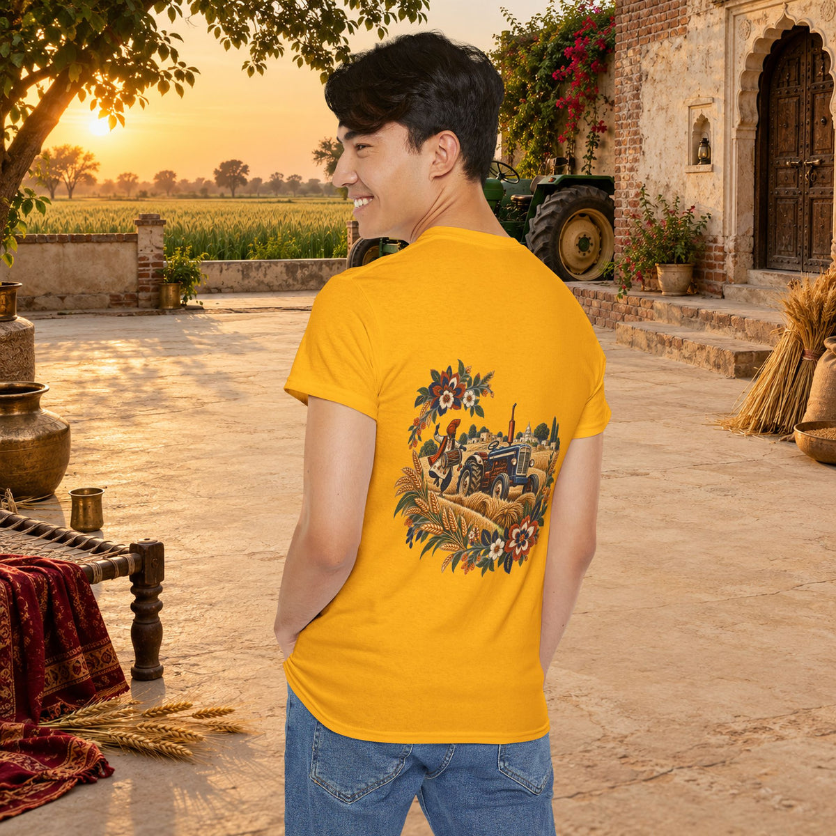 Vintage Folk Art Tractor & Drum Graphic T-Shirt