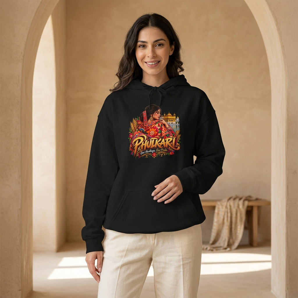 Model wearing a black Phulkari Heritage graphic hoodie in a warm sandstone studio, with the floral artwork and hand-lettered message visible.