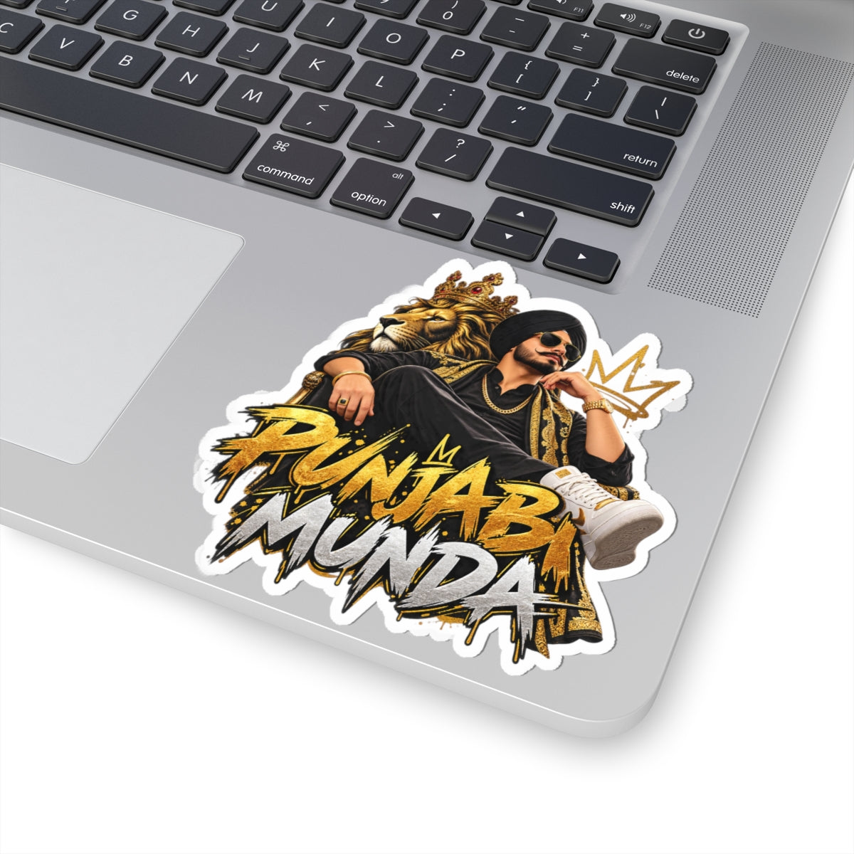 Punjabi Munda King Lion sticker with a seated lion and confident turbaned figure