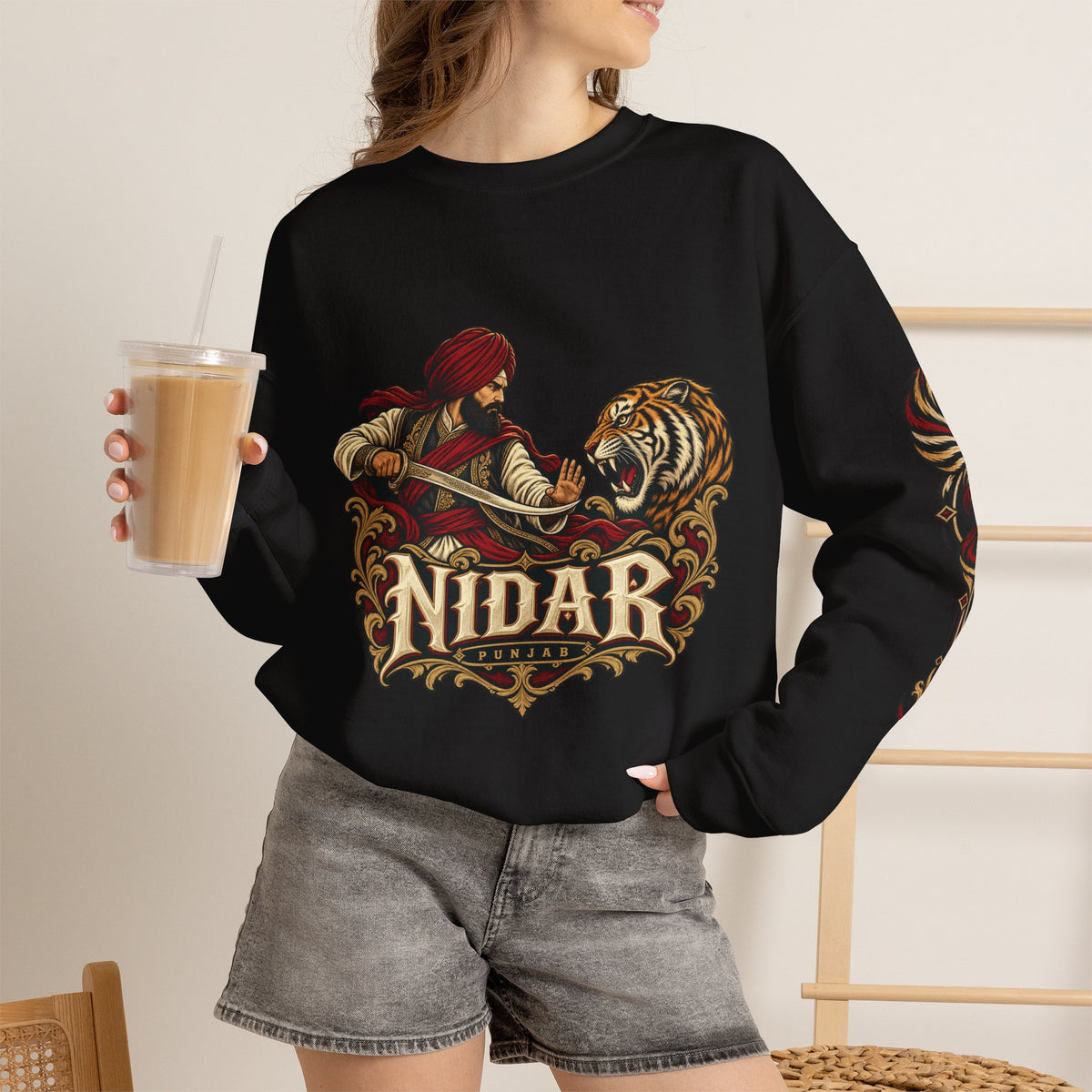 Nidar Courage Does Not Bow Warrior Tiger Crewneck Sweatshirt