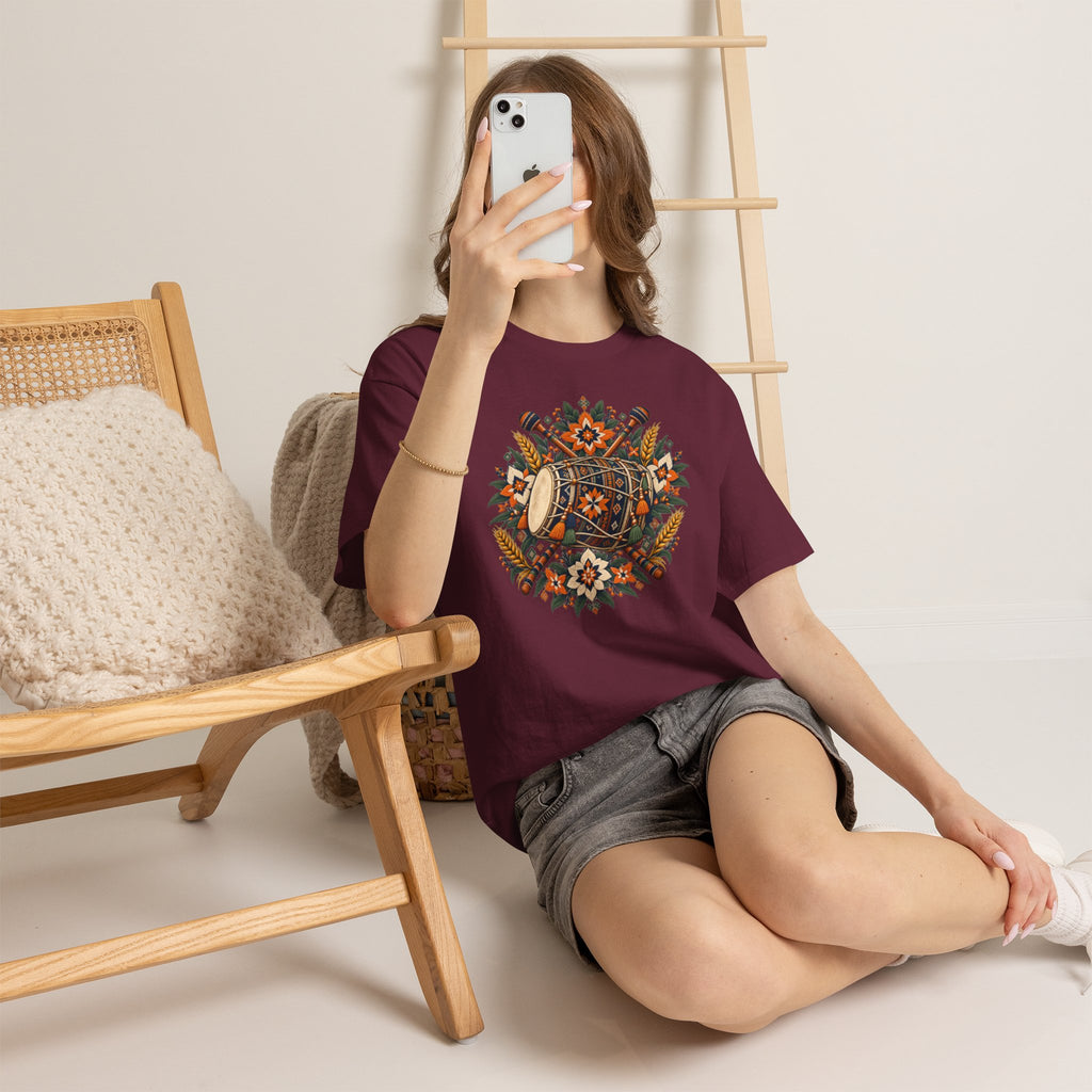 Vintage Folk Art Tractor & Drum Graphic T-Shirt