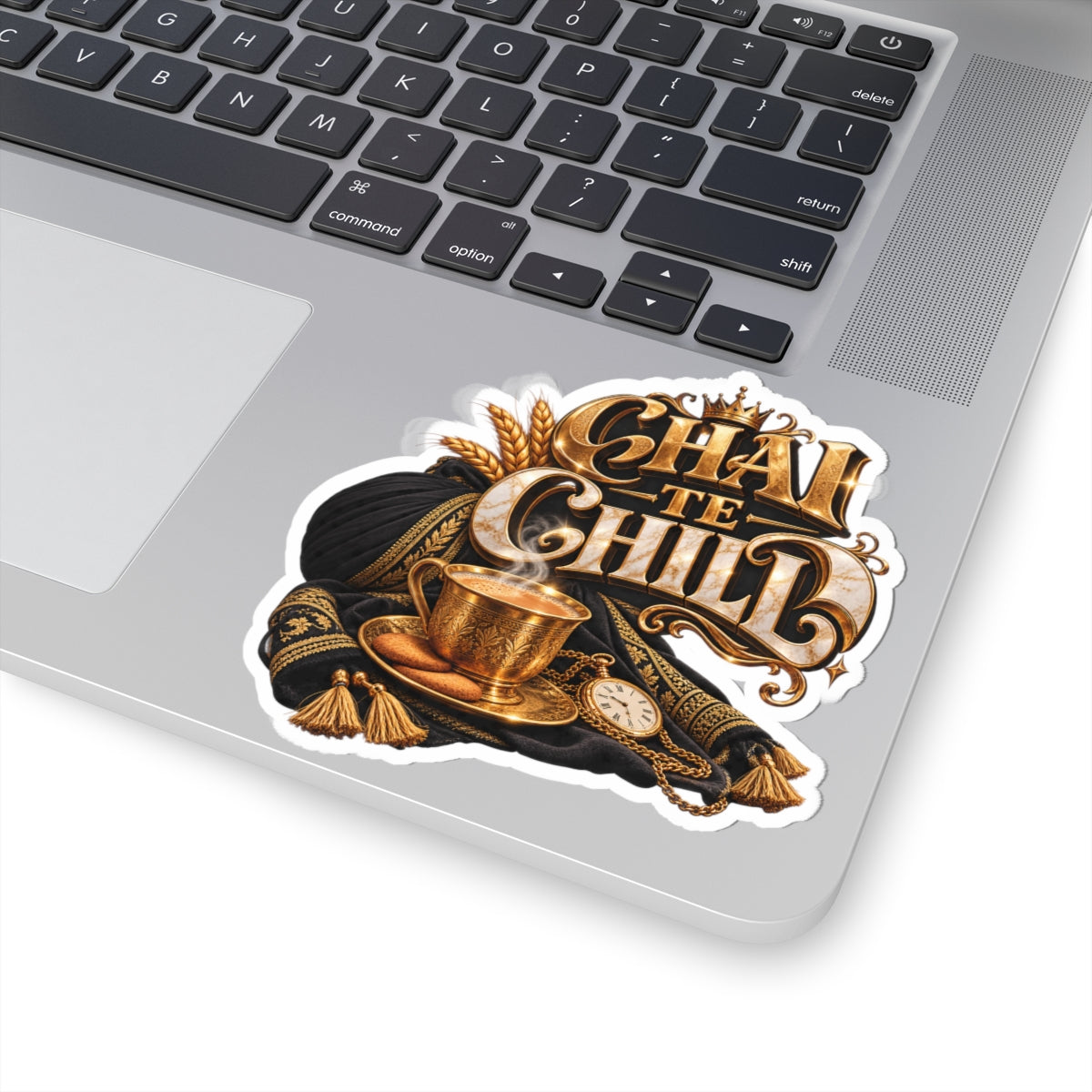 Chai Te Chill sticker with steaming chai, spices, cozy textiles and wheat